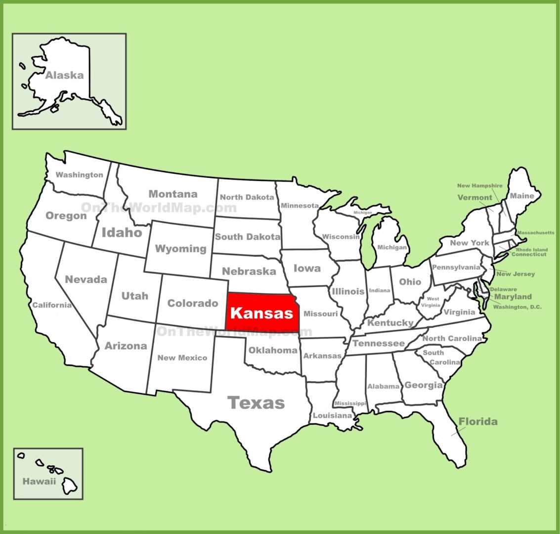 Bản đồ nước Mỹ và vị trí của tiểu bang Kansas.